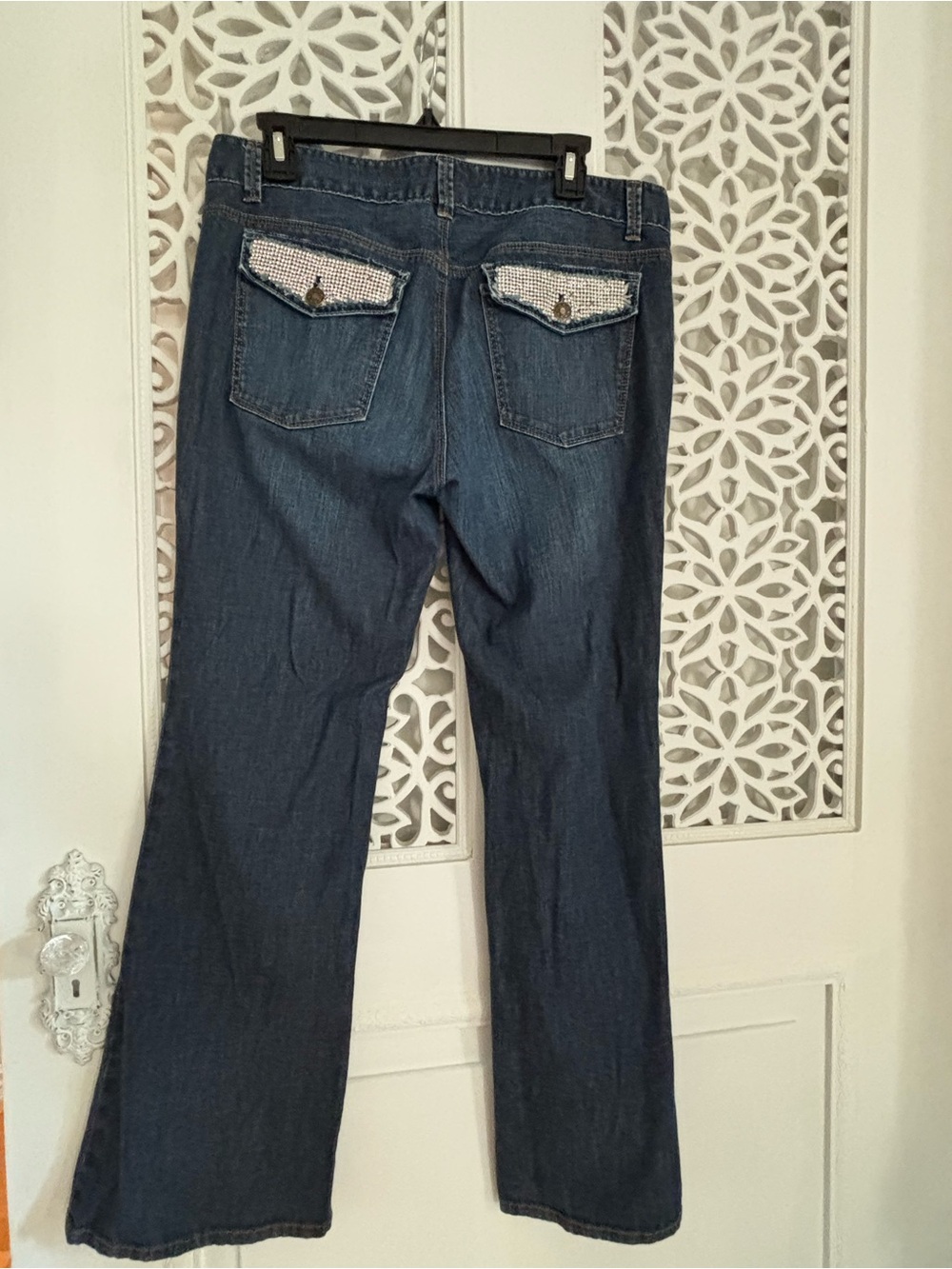 Ann Taylor Dark Blue Flare Jeans with Rhinestone Pocket Flaps